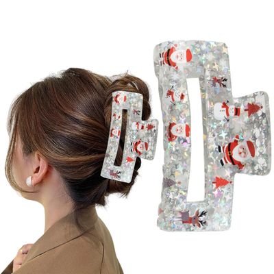 Christmas Hair Clips - Acrylic Square Transparent Large Claw Clip for Medium Thick Hair Styling - Santa Claus Elk Snowman Glitter Design Nonslip Clamp Accessories - 1Pcs Christmas Hair Decorations