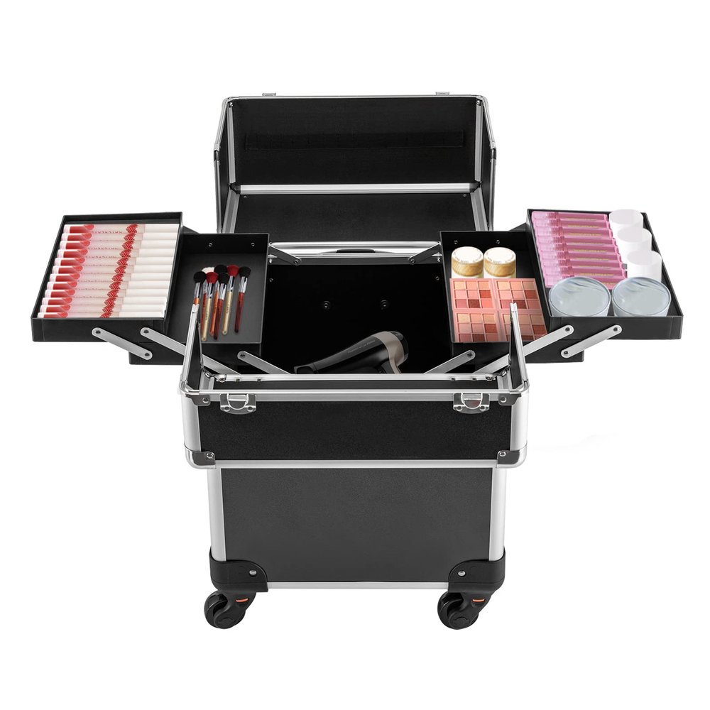 Rolling Makeup Train Case, Professional Portable Cosmetic Trolley Organizer Case With 4 360 Swivel Wheels, Large Cosmetics Makeup Beauty Salon Hairdresser Trolley Case For Make-up Artists Use (Black)