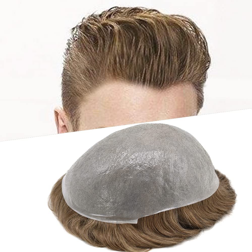 Mens Toupee Super Thin Skin V-loop knots 8x10 inch Human Hair Replacement System Toupee For Men Natural Hairpiece8"x10"#20 Light Ash Blonde-100% Light to Medium Light Density