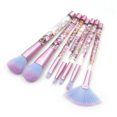 7-Pcs makeup brushes clear crystal diamond particle handle, makeup brush set, quicksand liquid particle sequins (Color : Red flowing sand -blue pink hair)