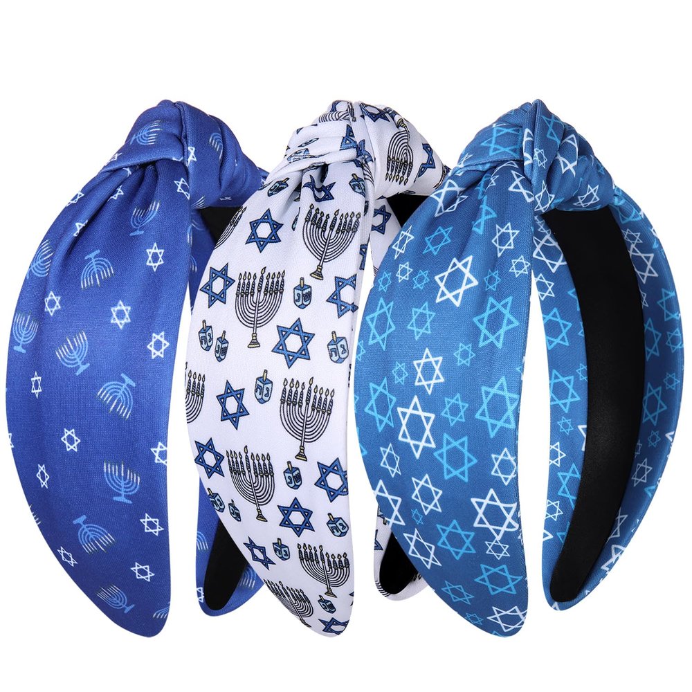 NVENF 3PCS Hanukkah Headbands Dreidl Menorah Star of David Headband Jeweled Crystal Rhinestone Knotted Headband Hanukkah Lights Festive Holiday Accessories Gifts