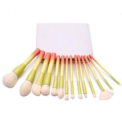 14 Makeup Brushes With Wooden Handle, Brush Set With Imitation Wool Powder Blue Gradient, White PU Bag Beauty Tools (Color : Red, Size : 14 pink blue+brush packs)