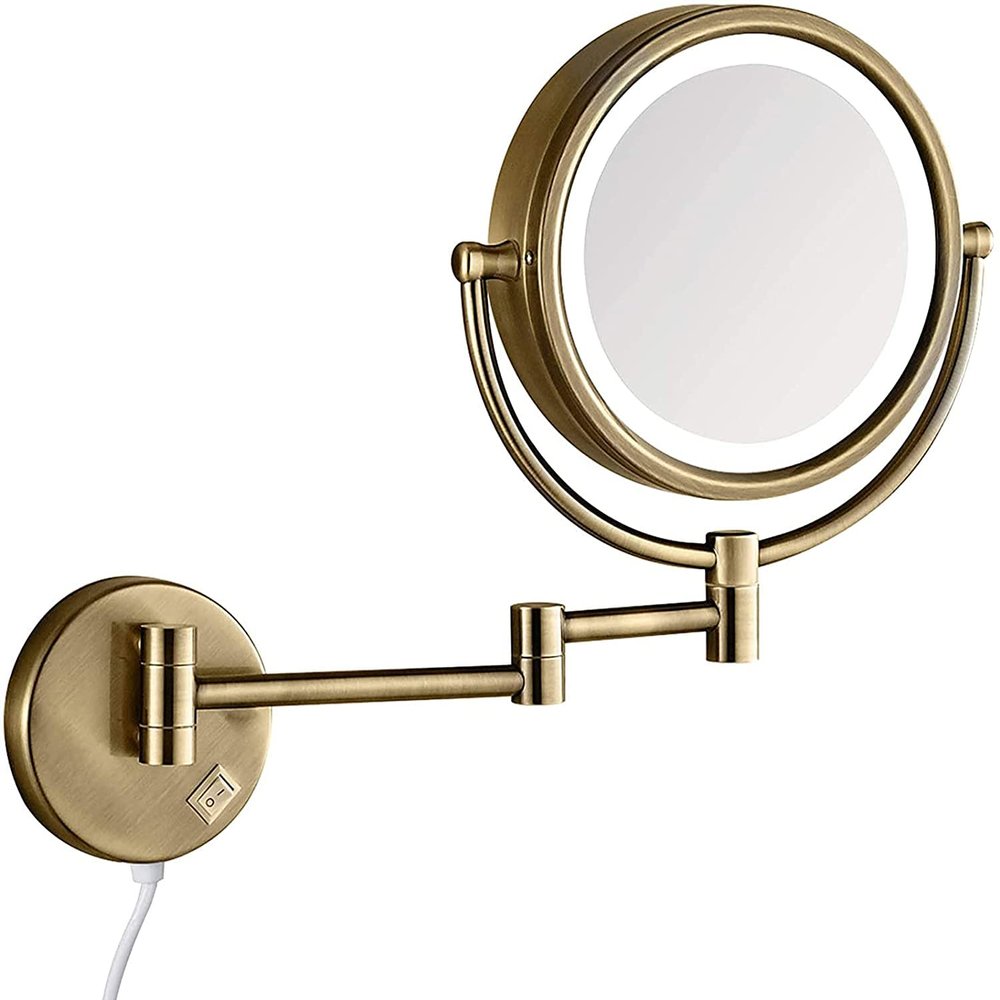 8.5 Inch Wall Mounted LED Lighted Makeup Mirror with Magnification, Bronze Bathroom Double Sided Shaving Vanity Mirror, Plug Powered,7X
