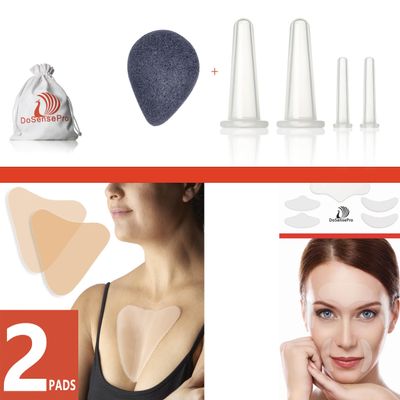 DoSensePro 3-in-1 Beauty Bundle: Face Cupping Set+ Konjac Sponge, Reusable Anti wrinkles Chest Pads & Anti wrinkles face Patches