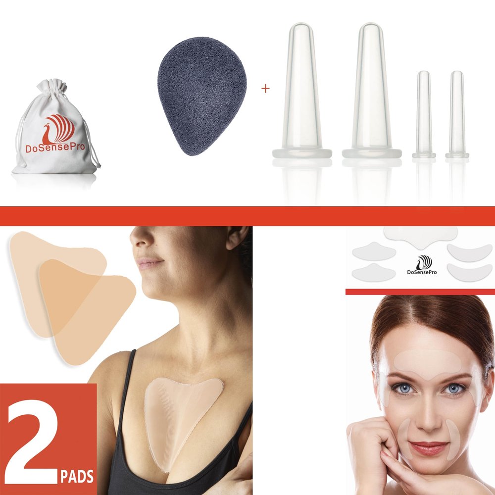 DoSensePro 3-in-1 Beauty Bundle: Face Cupping Set+ Konjac Sponge, Reusable Anti wrinkles Chest Pads & Anti wrinkles face Patches