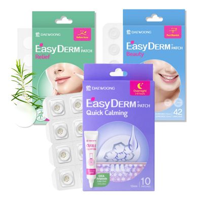 EasyDerm 3 types of pimple patches - Quick Calming(10ea), Relief Cover Patches(42 counts), Original Hydrocolloid Patches(42 counts)
