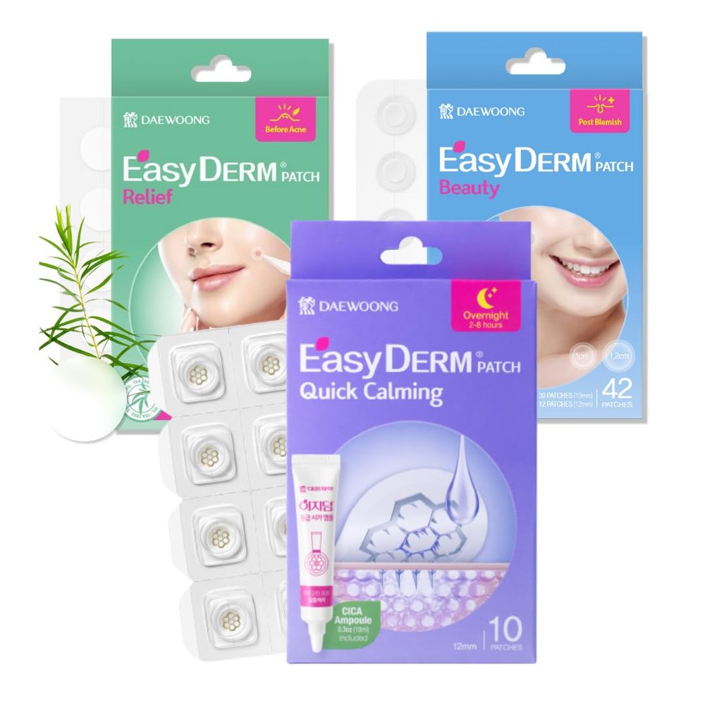 EasyDerm 3 types of pimple patches - Quick Calming(10ea), Relief Cover Patches(42 counts), Original Hydrocolloid Patches(42 counts)