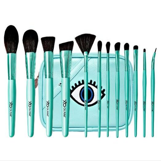 XO Glam 12Pcs Eye See You Blue Makeup Brush Set Premium Synthetic Blending Powder Buffer Concealer Contour Crease Eyeshadow Smudge Highlighter Detail Cosmetics Brushes