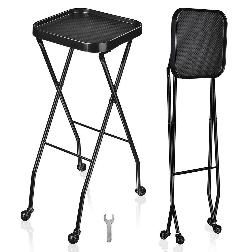 HeyJiaYu Folding Salon Tray, Beauty Tray Cart with Rolling Casters, Rolling Tray Station, Salon Tool Organizer Trolley, Metal Service Tray for Spa Home