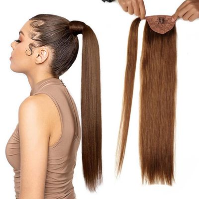 Kiss darling LASHES 16inch Straight Human Hair Ponytail Extension #30 Light Auburn Color Wrap Around Magic Paste Ponytail Hairpiece for Women, Clip ins Ponytail Straight Hair 100g