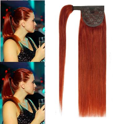 350 Copper Red Straight Human Hair Ponytail Remy Hair Extensions for Women 20inch 150g Clip in Ponytail Hair Pieces Wrap Around Ponytail Extension for Girls