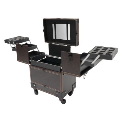 BANLICALI 7-Compartment Rolling Makeup Train Case with 4 Wheel, Mirror and Retractable Handle, Free Standing Cosmetics Storage Organizer Make-Up Station for Salons Homes Parties Coffee Load 50kg