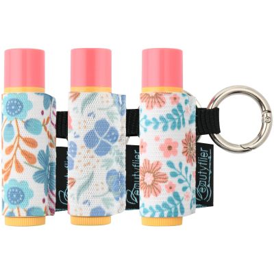 Beautyflier Cute Elastic Lip Balm Holder Keychain, Lipstick Sleeve Lip Gloss Sleeve Holder for Burts Bees Chapstick, Lip Balm Holder Compatible with Blistex Lip Balm (Flowers, 3pcs)