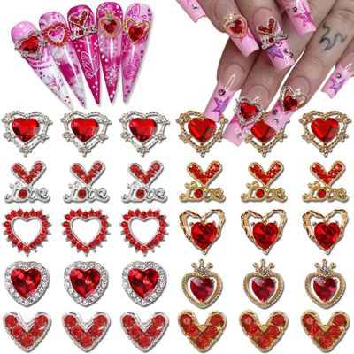 30 Pcs Valentines Day Nail Charms 3D Alloy Nail Art Charms 3D New Heart Love Shape Red Valentine's Day Gems Design for Manicure Craft DIY Diamond Nail Rhinestone Manicure Accessories