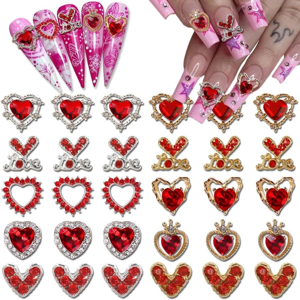 30 Pcs Valentines Day Nail Charms 3D Alloy Nail Art Charms 3D New Heart Love Shape Red Valentine's Day Gems Design for Manicure Craft DIY Diamond Nail Rhinestone Manicure Accessories