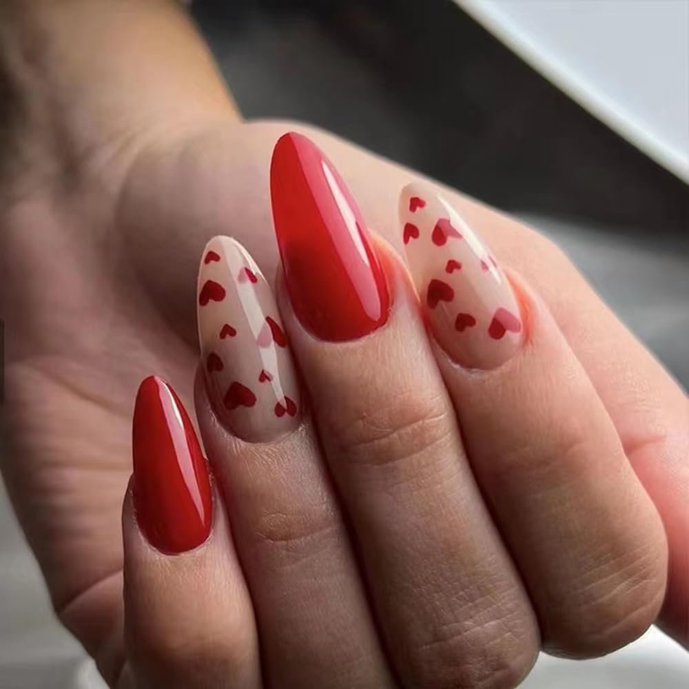 24Pcs Red Almond Press on nails Valentine's Day Fake Nails Medium Fake Nails Red Heart Nude False Nails Exquisite Acrylic Full Cover Glue on Nails Stick on Nails for Women Girl Manicure Decorations