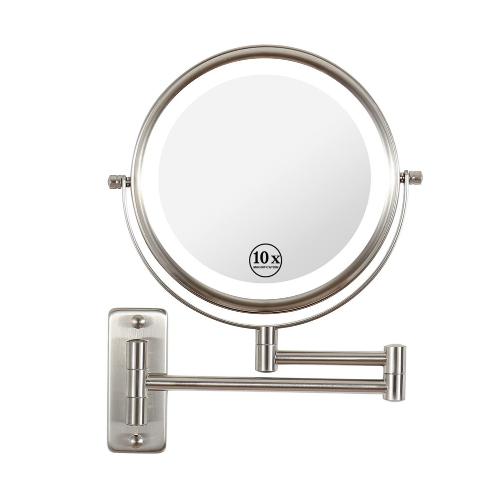 8-inch Wall Mounted Makeup Vanity Mirror, 3 Colors Led Lights, 1X/10X Magnification Mirror, 360 Swivel with Extension Arm (Brushed Nickel)