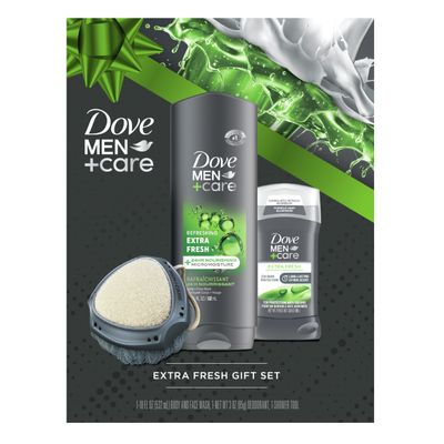 Dove Men+ Care Gift Set  Dove Face + Body Wash, Dove Antiperspirant, Refreshing Extra Fresh Scent, Dove Active Clean Dual-Sided Shower Tool, Christmas Gifts for Men (3 Piece Set)