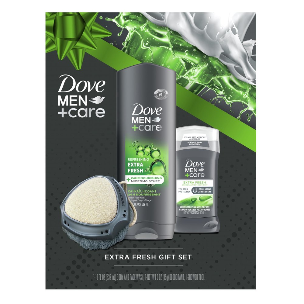Dove Men+ Care Gift Set  Dove Face + Body Wash, Dove Antiperspirant, Refreshing Extra Fresh Scent, Dove Active Clean Dual-Sided Shower Tool, Christmas Gifts for Men (3 Piece Set)