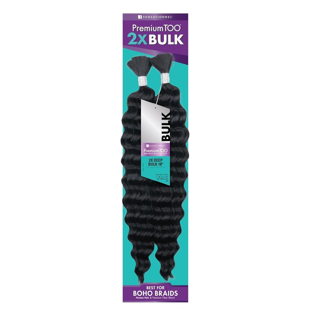 Sensationnel PremToo bulk weaving  2x deep human hair blend for boho, knotless box or curly loose wave styles - 1 pack (18 inch, 1B OFFBLACK)