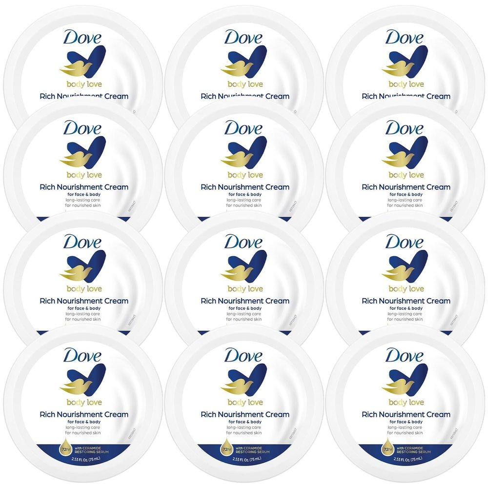 Dove Body Love Rich Nourishment Cream, Face, Hand & Body Lotion for Extremely Dry Skin, Fast-Absorbing 72-Hour Moisturizing Cream with Ceramide Serum, Travel Size, 2.53 Oz (Pack of 12)