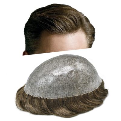 Toupee For Men Durable Skin PU Mens Hairpiece Replacement Systems Full Poly Skin PU Natural pieces For Men Hair8"x10"#510 Medium Light Brown with 10% gray hair-120% Medium Light to Medium Density