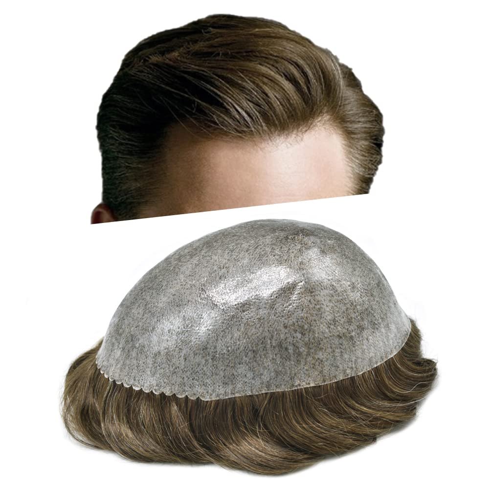Toupee For Men Durable Skin PU Mens Hairpiece Replacement Systems Full Poly Skin PU Natural pieces For Men Hair8"x10"#510 Medium Light Brown with 10% gray hair-120% Medium Light to Medium Density