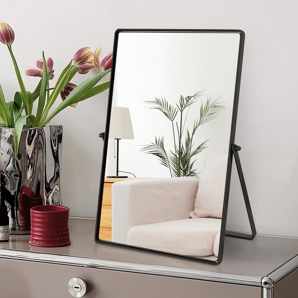 Numjeg Desktop Makeup Mirror with Black Metal Standing 90 Rotation Vanity Table Mirror Portable Cosmetic Mirror for Dressing Room Bedroom Bathroom Rectangle