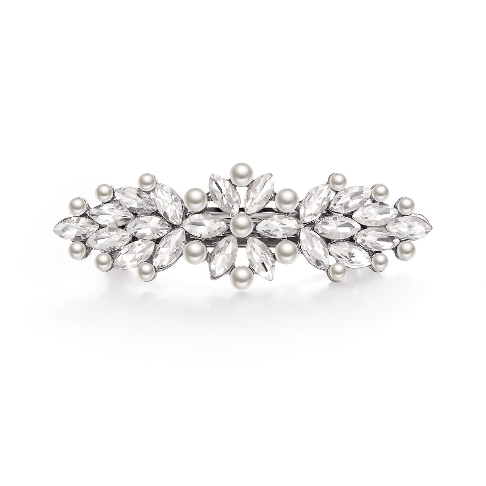 EVER FAITH Bridal Crystal Barrette Clip for Women, Weadding Gorgeous Simulated Pearl Marquise Hair Accessories for Bride Bridesmaid Clear Silver-Tone