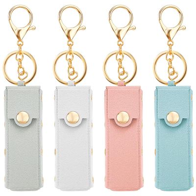 4-in-1 Lipstick Case - PU Leather Lip Balm Organizer with Chapstick Holder Keychain + Travel Storage Case for Women (Pink, Blue, Gray, White)