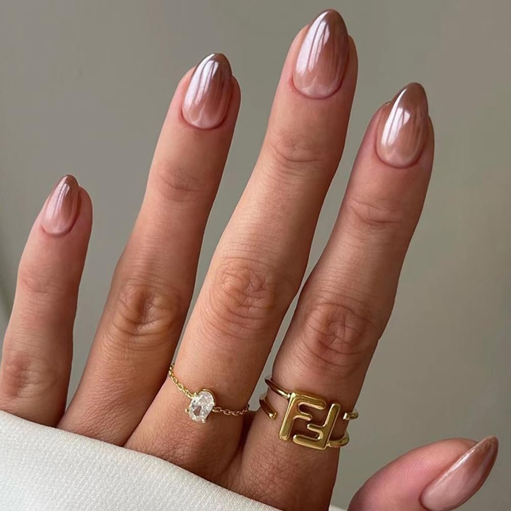 Brown Short Press on Nails Almond Fake Nails Fall Gloss Acrylic Nails French Gradient Glue on Nails Petite Artificial Nails Full Cover False Nails Reusable Artificial Nails for Women Girls 24Pcs