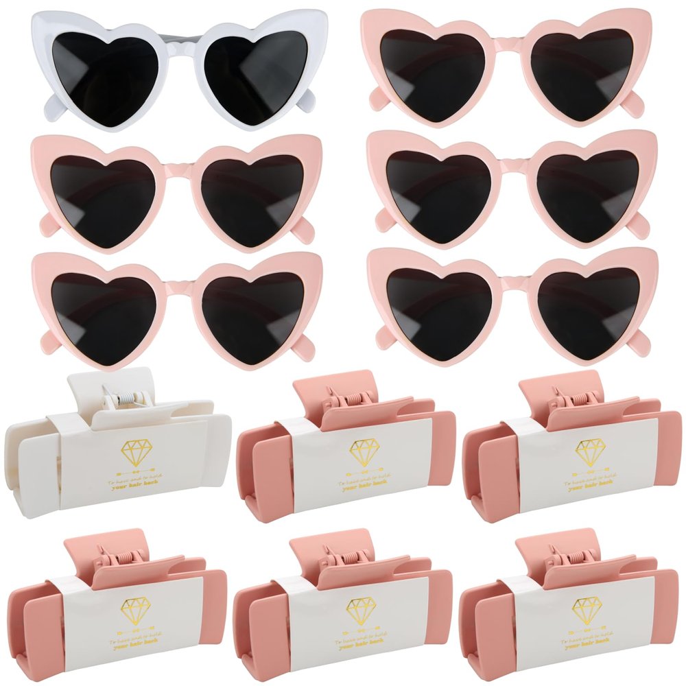 12pcs Bridesmaid Proposal Gifts 4.1inch square Bachelorette Claw Clips Sunglasses set of 12 women Trendy Cute Hair Clips for Wedding Party Favors(White&Pink 12pcs)