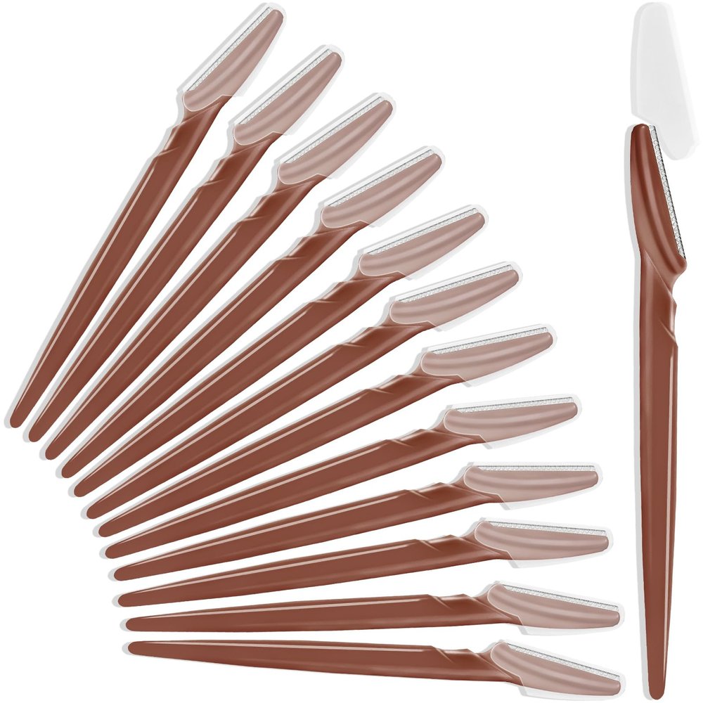 12 Pcs Brown Eyebrow Razors, Face Razors Multipurpose, Exfoliating Dermaplaning Tools, Eyebrow Trimmers Shaver with Protective Cover, Facial Hair Removal for Women Men Body Use