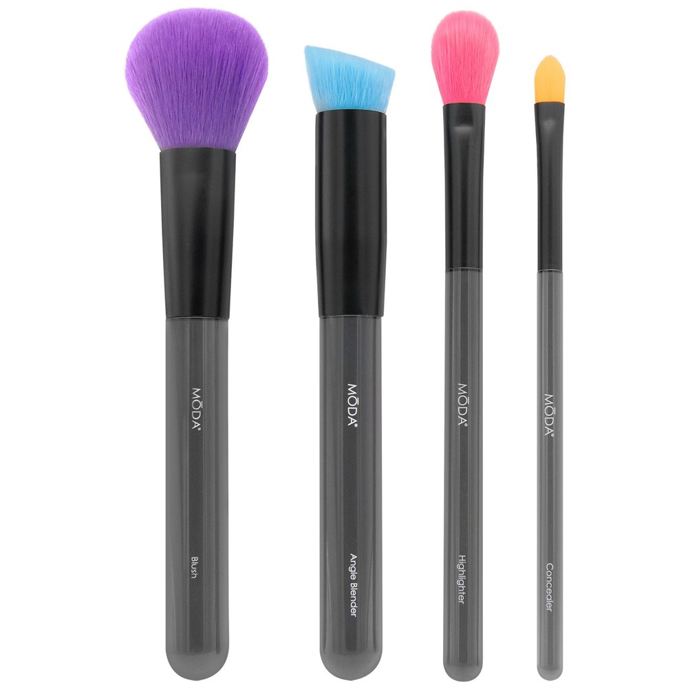 MODA Next Gen Neon Complexion 4pc Makeup Brush Kit Face Brush Set for Foundation, Blush & Contour Vegan & Travel-Friendly