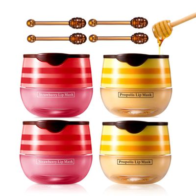 4Pcs Bee Lip Balm Honey Pot, Propolis Lip Mask Moisturizing Exfoliator Lip Wrinkle Prevention Dry and Cracked.(2 Pcs Honey &2 Pcs Strawberry)