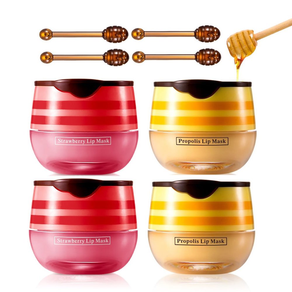 4Pcs Bee Lip Balm Honey Pot, Propolis Lip Mask Moisturizing Exfoliator Lip Wrinkle Prevention Dry and Cracked.(2 Pcs Honey &2 Pcs Strawberry)