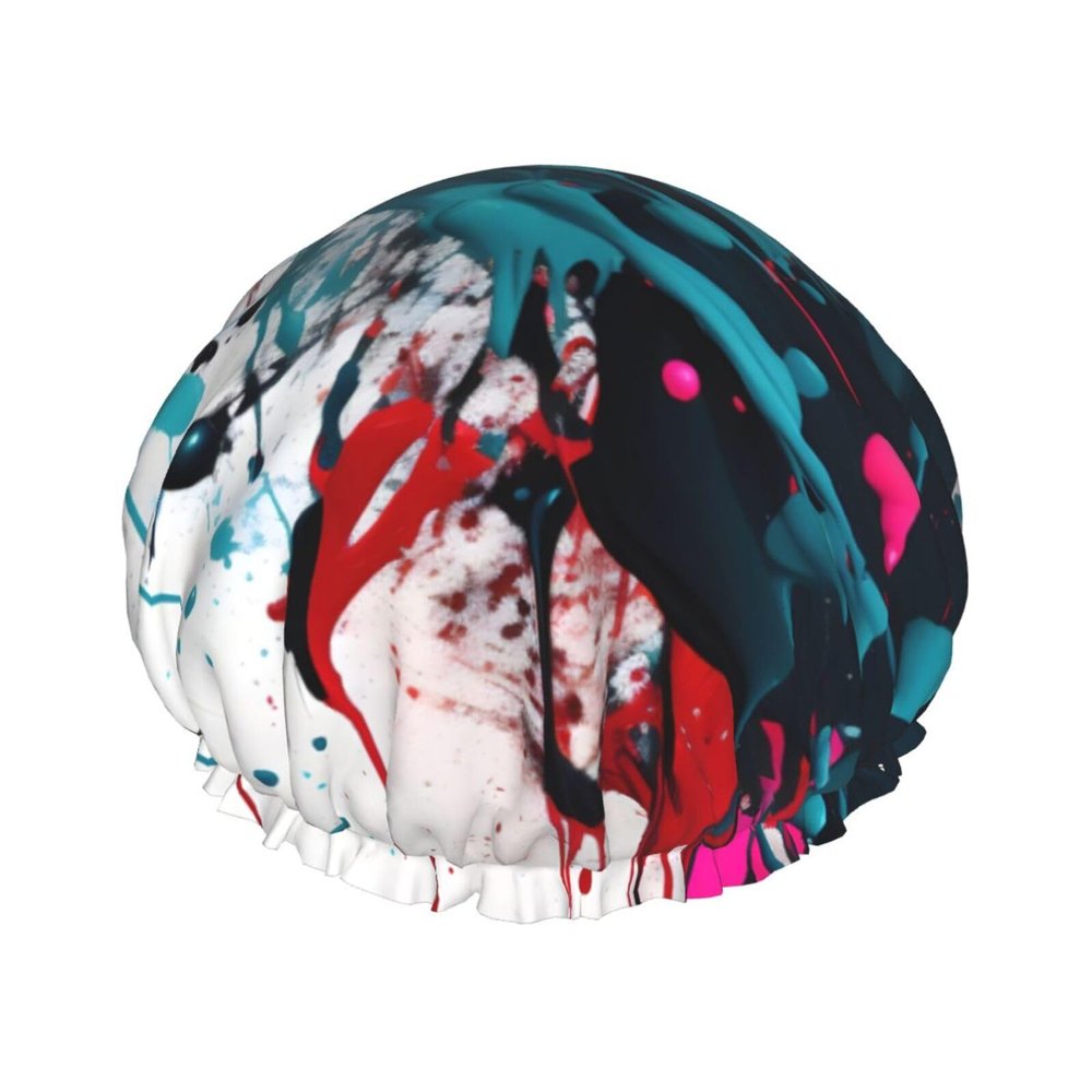 Abstract Paint Splashes Double Layer Waterproof Shower Cap - Women's Lightweight, Portable, Soft, Reusable Bath Accessory