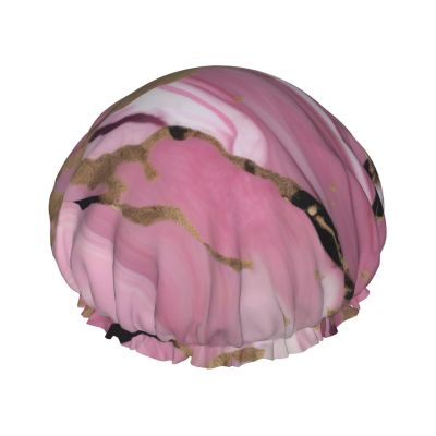 Pink White Marble Pattern Double Layer Waterproof Shower Cap - Women's Lightweight, Portable, Soft, Reusable Bath Accessory