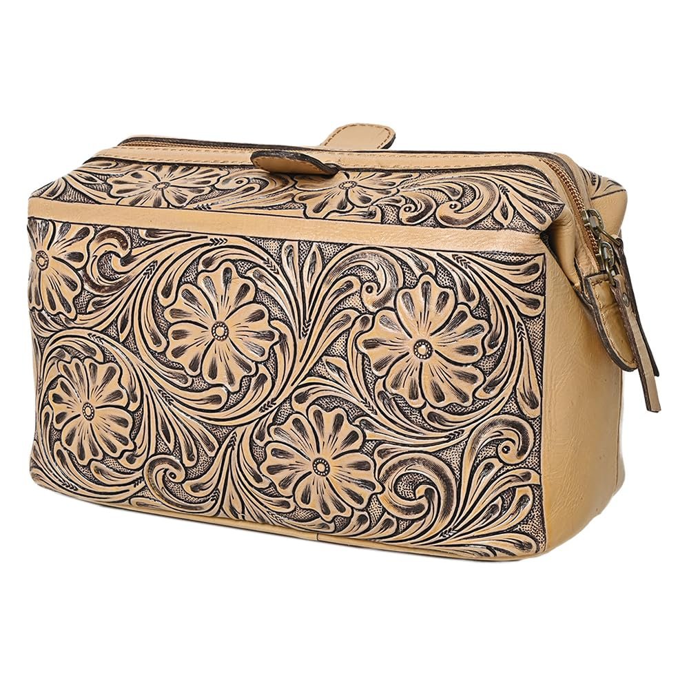American Darling Western Hand-Tooled Leather Vanity Case Organizer | Handcrafted Travel Makeup Bag with Handle and Secure Zip Closure
