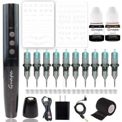 MARLLOGIVA Digital LCD Display Wireless Rotary Tattoo Pen Precision Permanent Makeup Machine for Eyebrows Lips Scalp and Tiny Tattoos (Set with Black Pen)