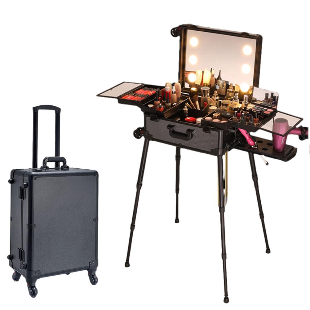 AHDFY 22 in Large Capacity Make Up Beauty Trolley Case,with Led Lights, Lockable Cosmetic Organizer Professional Cosmetic Box, Cosmetics Art Cosmetic Box for Travel