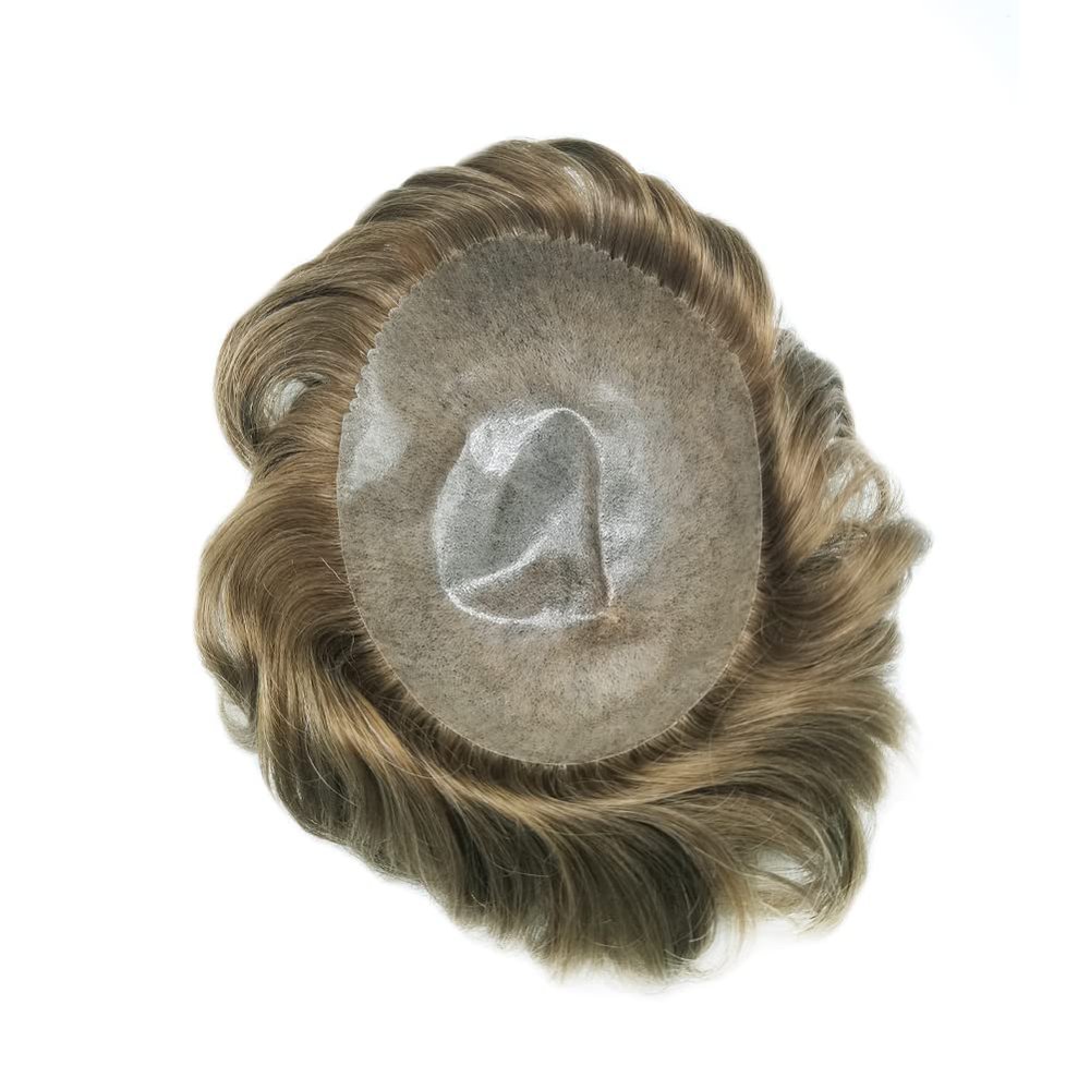 Healthlif Toupee For Men Real Human Hair Replacement System For Men Full PU Mens Hairpiece Natural Looking Mens Hair Pieces For Hair Loss Toupee 7X9#710#7 Very Light Brown+10% Grey