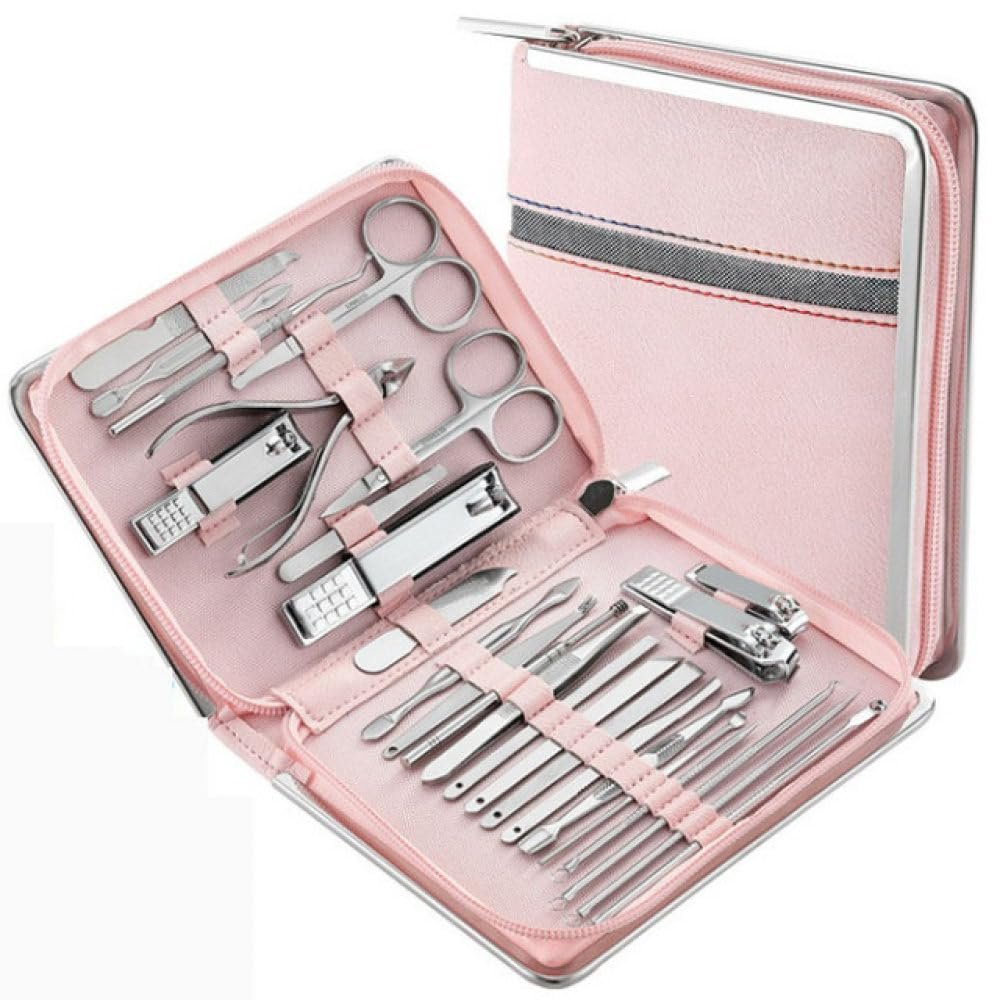 26 Pcs Manicure Set Stainless Steel Nail Clippers Cuticle Nipper Pedicure Care Tool Dead Skin Scissor Cleaning Grooming,Pink
