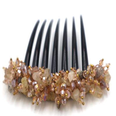 Thai Hair Comb, Hair Comb - 3.5 x 4 Inch, Brown Gold, Bone or Horn, Manual, Adults, Wedding & Evening Occasions, Ornamented along the top of the heading with Stone & Crystal