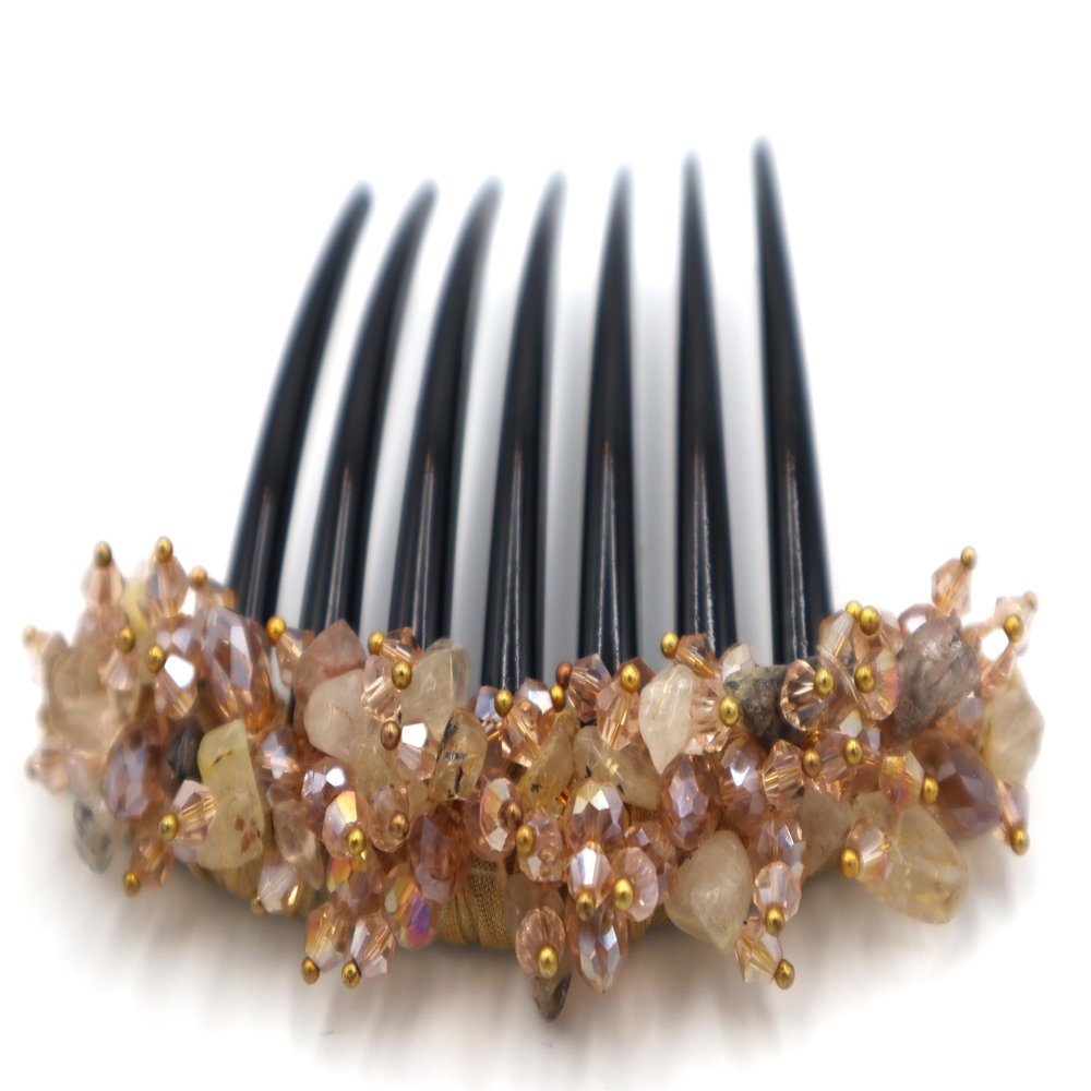 Thai Hair Comb, Hair Comb - 3.5 x 4 Inch, Brown Gold, Bone or Horn, Manual, Adults, Wedding & Evening Occasions, Ornamented along the top of the heading with Stone & Crystal