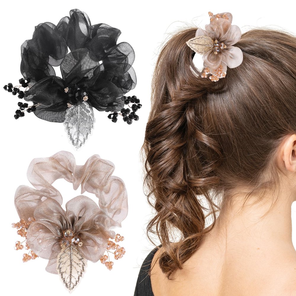 HLTOO 2 Pack Flower Hair Scrunchies, Leaf Elastic Hair Ties, Acrylic Rhinestone Hair Band, Ponytail Holders, Hair Accessories, for Women and Girls, Black and Champagne