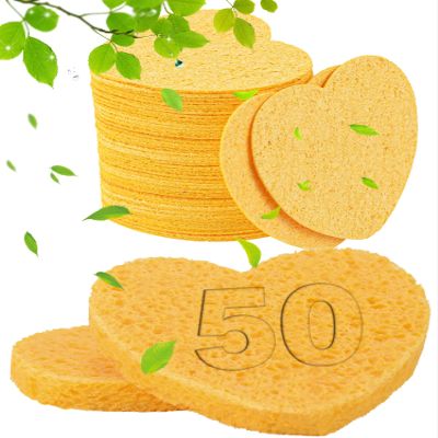 50-Count Compressed Facial Sponges for Estheticians- 100% Natural Cellulose Face Sponge Spa Sponges for Face Cleansing, Massage, Pore Exfoliating, Mask, Makeup Removal (Love-Yellow)