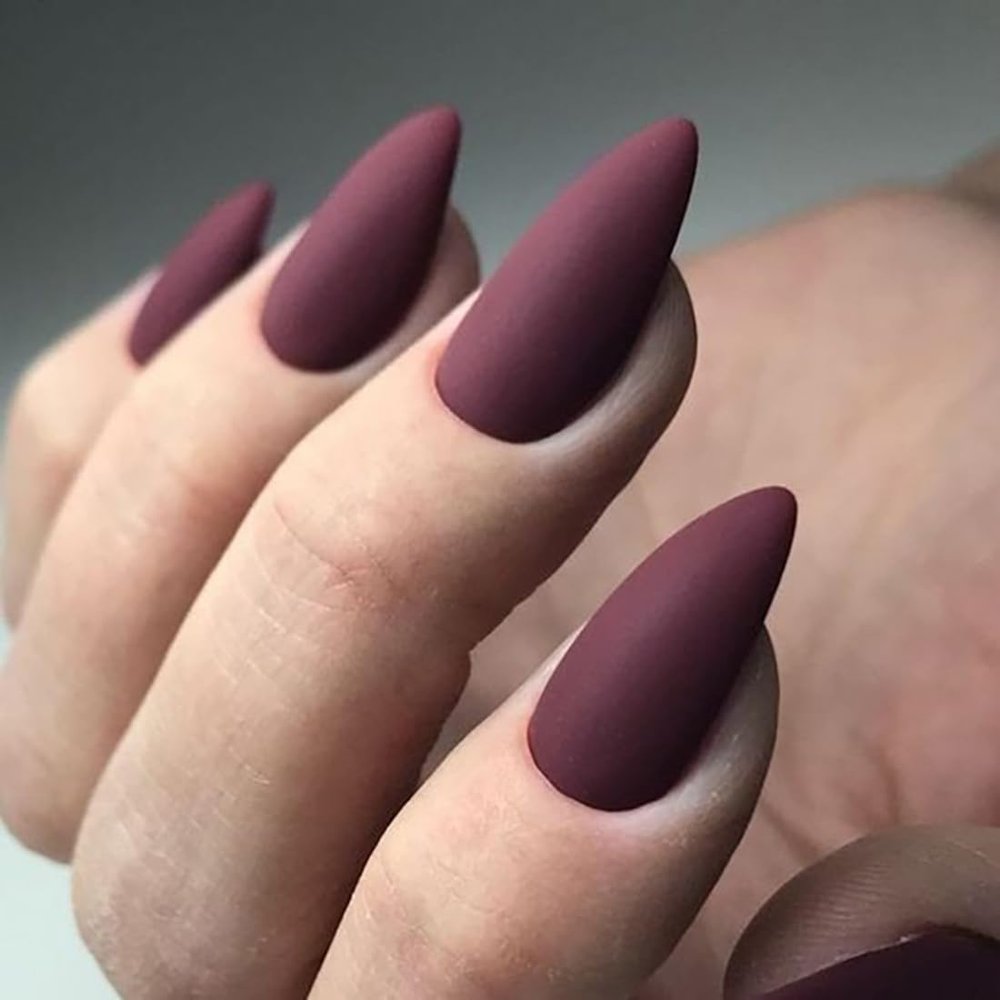 Wine Red Press on Nails Almond Fake Nails Fall Gloss Acrylic Nails Medium with Frosted design Glue on Nails Artificial Nails Full Cover False Nails Reusable Artificial Nails for Women Girls 24Pcs