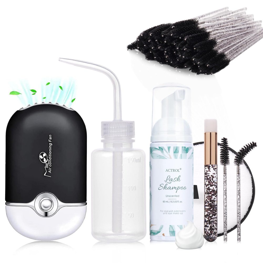 ACTROL Eyelash Extension Shampoo Kit 60ml Unscented Lash Extension Cleanser with Lash Fan Black Professional Eyelid Foaming Cleanser Paraben & Sulfate Free Non-lrritating
