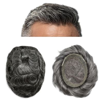 F M FACE MIRACLE NEW YORK Mens Toupee Hair System for Men French Lace Center Mens Hair Replacement System With Poly PU Skin Natural Hairline Toupee for Men7 X9#1B50 Off Black+50% Gray-120% Density